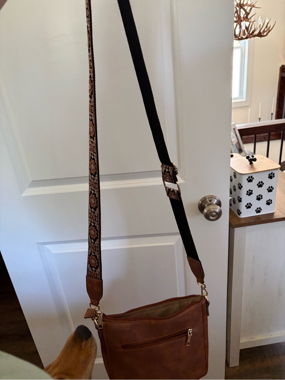 Brown Crossbody Shoulder Bag with Patterned Adjustable Strap